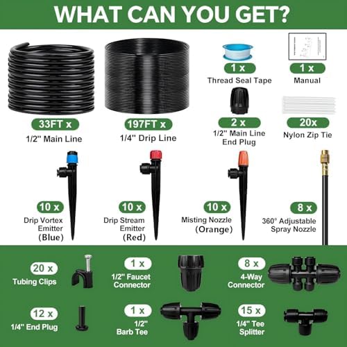 230FT Drip Irrigation System for Garden with 38pcs Adjustable Copper Nozzles & Emitters, Automatic Garden Watering System with 1/2" & 1/4" Tubing for Raised Bed, Yard, Greenhouse, Potted Plants, Lawn - Image 2