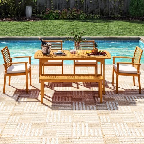 Tangkula 6 Pieces Outdoor Acacia Wood Dining Set, Rectangle Patio Dining Table with Umbrella Hole and 4 Cushioned Chairs and Bench, for Backyard Garden Poolside Deck - Image 4