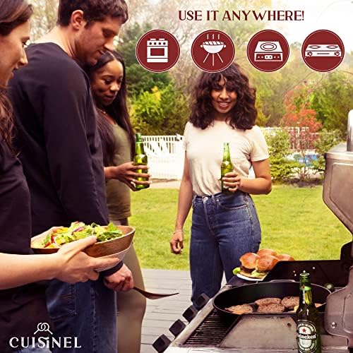 Cuisinel Cast Iron Skillet + Chainmail Scrubber - 15"-Inch Pre-Seasoned Dual Handle Braiser Frying Pan + Silicone Handle Covers - Oven, Grill, Stovetop, Fire, Kitchen Cookware - Indoor/Outdoor Use - Image 3