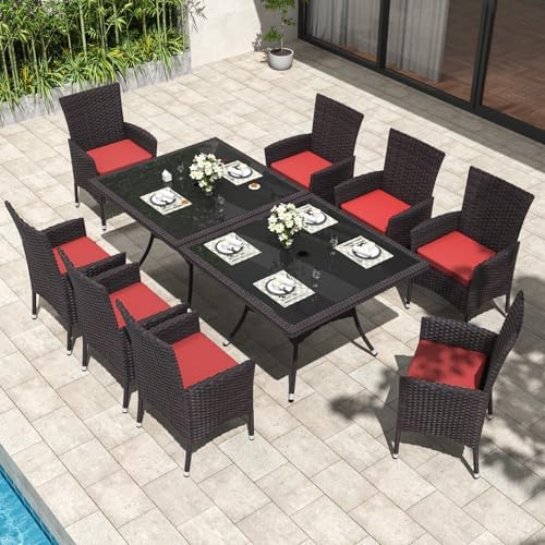 ALAULM 10 Piece Patio Dining Set All-Weather Wicker Outdoor Dining Table and Chairs w/Tempered Glass Tabletop, Removable Cushions and Umbrella Hole for Patio, Backyard, Garden, Poolside (Red) - Image 6