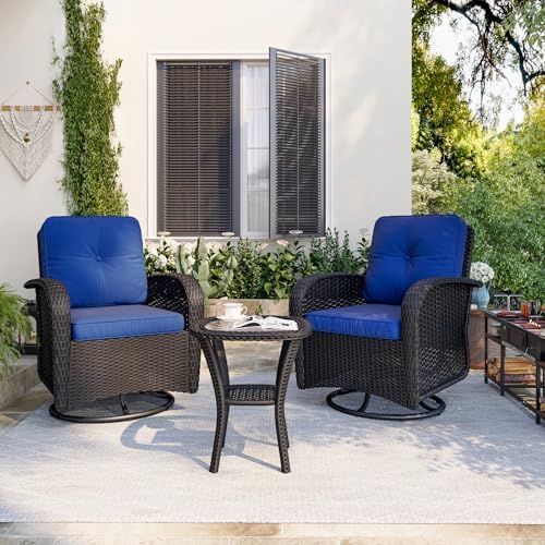 Aoxun 3 Pieces Patio Furniture Set, Patio Swivel Rocker Chairs Set of 2, Wicker Outdoor Bistro Set with Rocking Chair, Thickened Cushions and Table for Porch (Navy Blue) - Image 2