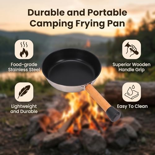 Outdoor Frying Pan, Stainless Steel Camping Skillet with Wooden Handle for Camping Backpacking Cookware, Lightweight 7.87x13.98 Inch Portable Grill Pan for Hiking (Wooden Handle Frying) - Image 4