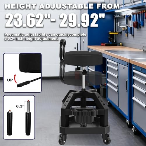 Rolling Shop Stool with Wheels, Heavy Duty Garage Work Mechanic Stool with Backrest, Adjustable Height 360°Swivel Rolling Chair with Tool Tray Storage, 330 LBS Capacity, Black - Image 4