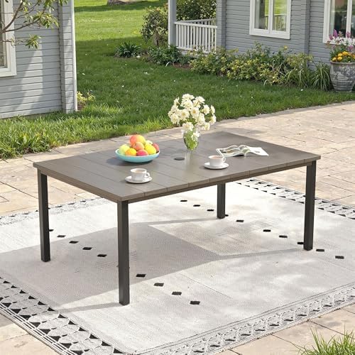Outdoor Dining Table for 6, 63" Rectangle Outdoor Table with Adjustable Umbrella Hole, All-Weather Metal Patio Dining Table for Lawn Garden Backyard Deck, Grey by ProvideOutdoorSolutions