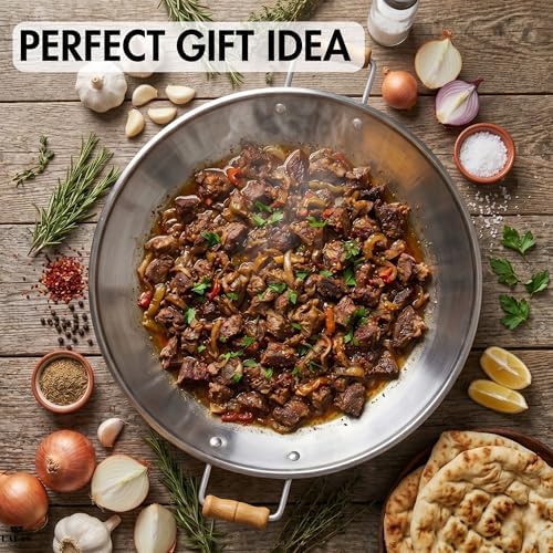 Hakan Stainless Steel Sauté Pan | Frying Pan with Wooden Handles | Barbeque Plate, Wide Shallow Cooking Pan for Stir Fry, Outdoor Cooking BBQ Cookware Pan, Skillet (Large 18.9 in) - Image 3