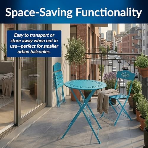 Alpine Corporation 3-Piece Bistro Set with Folding Table and 2 Chairs, Durable Steel Indoor/Outdoor Patio Furniture, Compact Seating, Blue - Image 5