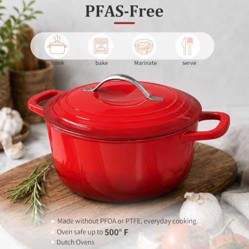Winado 5 Qt Enameled Cast Iron Dutch Oven Pot with Lid, Red Ombre - Image 5