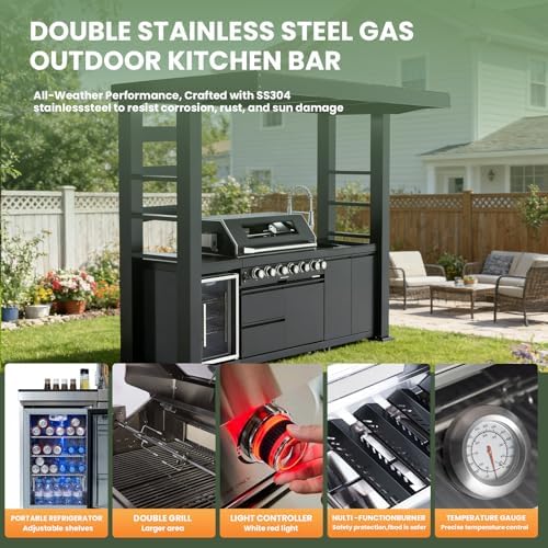 108" Outdoor Kitchen Island Crafted from Stainless Steel,6-Burner 85,000 BTU Natural Gas Grill with Rotisserie Oven,Galvanized Steel Roof,Granite Countertops,Refrigerator,Storage,Sink.(Natural Gas) - Image 5