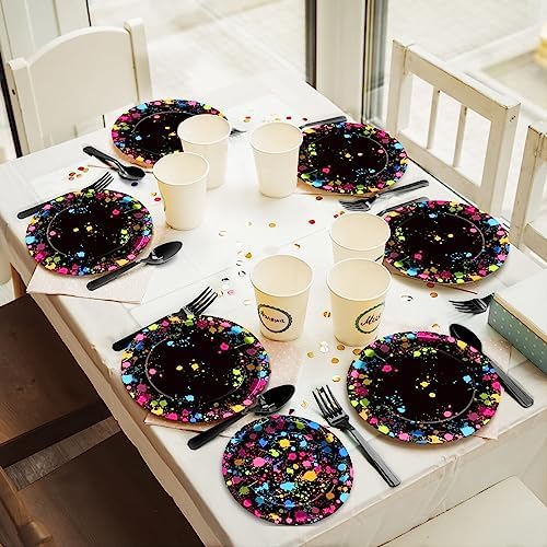 gisgfim 48 Pcs Neon Plates Party Supplies Glow Birthday Party Decorations Glow in Dark Paper Dessert Plates Disposable Neon Theme Birthday Graffiti Party Supplies Decoration Favors - Image 6