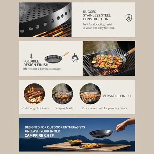 Diydeg Grilling Skillet, Stainless Steel Foldable Portable Camping BBQ Skillet with Round Even Heat Distribution, Durable Outdoor Cooking Tool, Grill Pan for Camping Outdoor Barbecue - Image 4