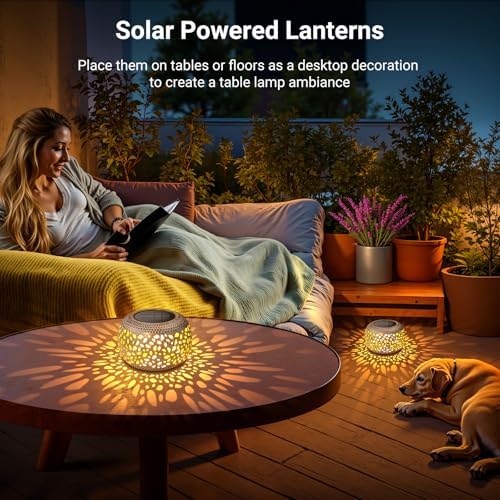 Solar Lanterns Outdoor Waterproof: 2 Pack Hollowed-Out Retro Metal Lantern Lights - Solar Lantern Decorative - Gifts for Women Mother's Day, Outside Garden Yard Patio & Indoor Tabletop Decor - Image 2