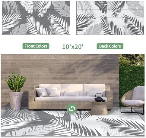 GENIMO Outdoor Rug, Waterproof Plastic Rugs 10'x20' for Camping Grey White - Image 2