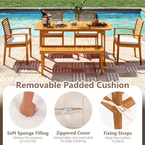 Tangkula 7 Piece Patio Acacia Wood Dining Set for 6, Patio Rectangle Table with Umbrella Hole & 6 Cushioned Armchairs, for Backyard Garden Poolside Deck, Natural - Image 5