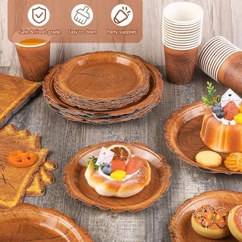 Kochorie 96 Pieces Wood Grain Slice Tableware Sets Rustic Wood Party Supplies Including Paper Plates, Napkins, Cups, Serves 24 for Camping Birthday Hunting Forest Party Decorations - Image 5