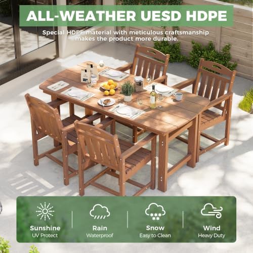 HDPE Outdoor Dining Set, Patio Table and 4 Chairs, 2" Umbrella Hole, Teak - Image 3