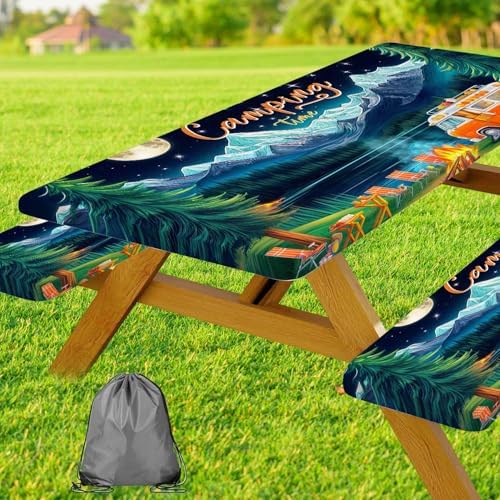 Picnic Table Cover with Bench Covers and Bag, Forest Mountain Lake Fitted Outdoor Table Covers, Camping Essentials, Windproof & Waterproof Tablecloth Cover with Elastic Edge, 3 PCS, 30x60 Inch by Xguatan