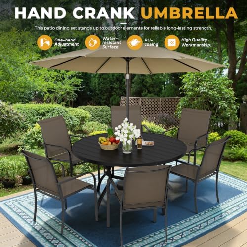 Incbruce 8 PCS Patio Dining Set with Brown Umbrella, Outdoor Dining Set of 6 Textilene Chairs and 53" Round Table with Umbrella Hole for Backyard, Garden, and Poolside (Brown) - Image 6