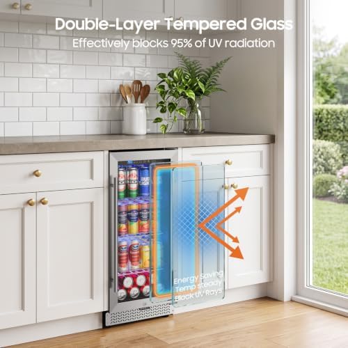 15 Inch Beverage Refrigerator, 100 Can Under Counter Beverage Fridge with Glass Door Built-in or Freestanding, Drink Fridge for Soda Beer Wine-Kitchen Bar Office - Image 5