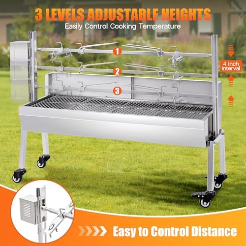 Jocisland Electric Rotisserie Grill Kit with Windscreen, 47.5" Height-Adjustable Charcoal Roaster, 132 Lbs Capacity, 45W Motor, Stainless Steel Spit with Lockable Wheels for Outdoor Camping - Image 5