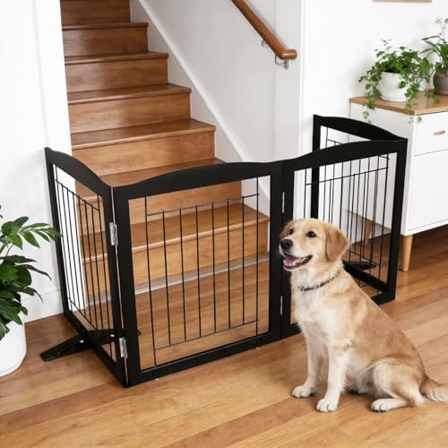 ZJSF Freestanding Dog Fence Indoor, Foldable Dog Gate for Doorways, Stairs or Hallways, Sturdy Wood Extra Wide Pet Gate with Support Feet for The House, Black, 24 "Height-4 Panels - Image 3