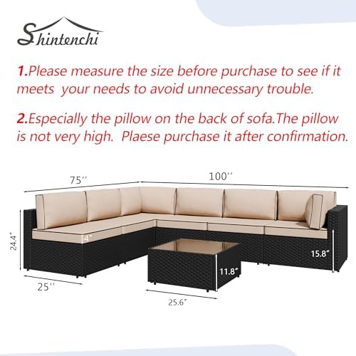 Shintenchi 7 Piece Outdoor Patio Furniture Set with Black PE Rattan, Khaki - Image 3