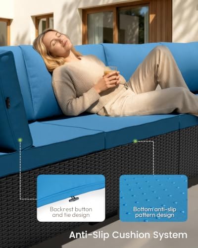 Patio Furniture Set - All-Weather - 7 Piece Patio Outdoor Conversation Set, Modular Wicker Rattan Sectional Sofa for Backyard, Garden, Poolside, Balcony, Porch, Patio,Black/Navy Blue - Image 3