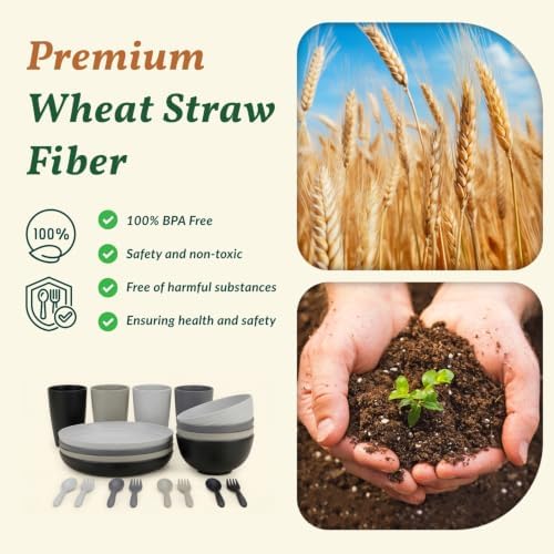 Homienly Wheat Straw Dinnerware Sets 20 PCS Unbreakable Plates and Bowls Set Microwave & Dishwasher Safe Dishes Set for 4 Kitchen Plate Set Party, Camping, RV, Picnic, Apartment-Black Grey - Image 3