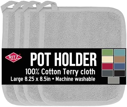 RITZ Terry Potholder & Hot Pad: Unparalleled Heat Resistant, Durable 100% Cotton – Ergonomically Designed for Optimal Grip – Easy-Care Machine Washable – 4-Pack, Titanium Grey by RITZ