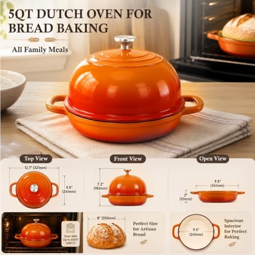 Enameled Cast Iron Dutch Oven with Lid, 5QT Dutch Oven for Bread Baking - Image 2