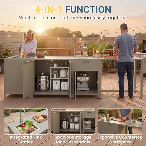 Wisteria Lane Aluminum Outdoor Kitchen Island, Modular Outdoor Kitchen with Stainless Steel Sink, All Weather Outdoor Storage Cabinet with Storage, Drawers & Bar Table for Patio, BBQ, Porch, Backyard - Image 5