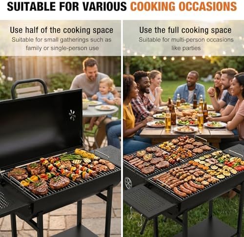 Charcoal Grill, 920 Sq. In. Extra Large Cooking Space, Big Barbecue Grill, Two Cooking Modes, Outdoor Barrel BBQ Grill with 2 Foldable Side Tables, Black - Image 4