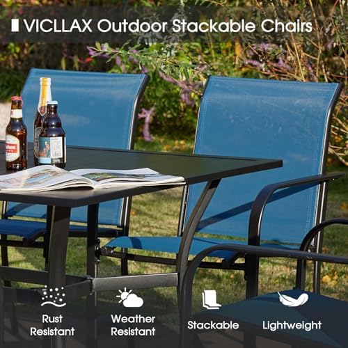 VICLLAX Patio Dining Set for 6, 7-piece Outdoor Dining Set - 59" Rectangle Patio Table and Chairs for Lawn Garden, Black Tabletop and Blue Fabric - Image 5