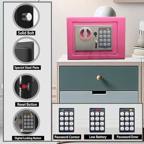 Yuanshikj Small Steel Security Safe Box with Keypad,Key;0.23 Cu Ft, Pink - Image 2