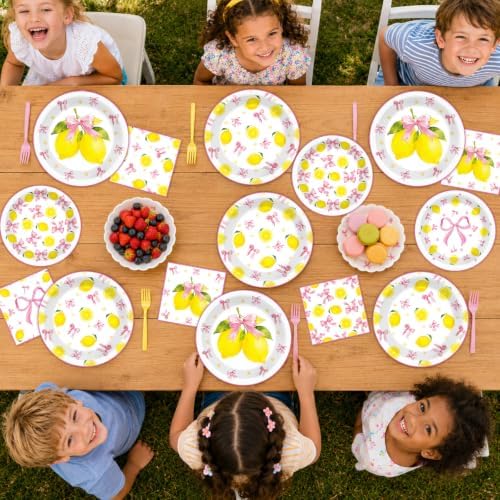 96 Pcs Pink Bow Lemon Party Decorations Pink Yellow Birthday Plates and Napkins Lemon Paper Plates Summer Disposable Tableware Set for Girls Women Bridal Baby Shower Wedding Supplies - Image 7