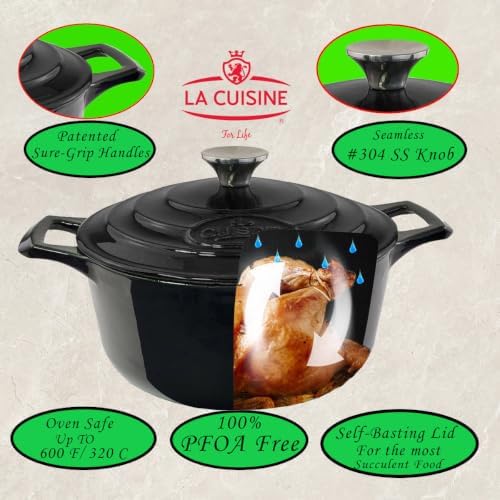 La Cuisine Enameled Cast Iron Dutch Oven Casserole Pot with Lid, Internal Matte Black Enamel Coating 5 QT 10.5" / 26cm Ø For GalssTop Stove, Oven-Safe 550°F/276°C Glossy Black - Image 2