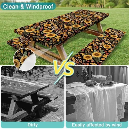Picnic Table Cover with Bench Covers, Camping Essentials, Sunflower Flower Leaves Waterproof Windproof Patio Table Cover, Fitted Tablecloth Cover with Elastic Edge for Indoor Outdoor 3 PCS 30x60 Inch - Image 5