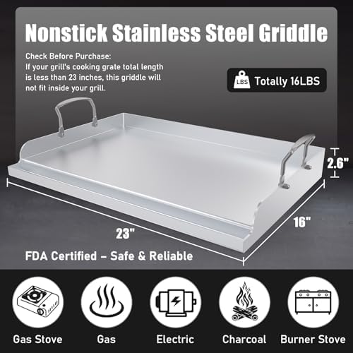 Universal Stainless Steel Cooking Griddle, Nonstick Flat Top Plate Insert for Gas Top Stove and Charcoal Grills, Tailgating, Camping and Parties, 23" x 16" Plancha Para Cocinar - Image 2