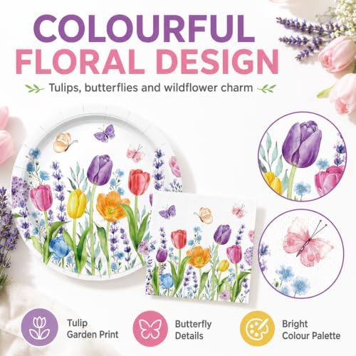 40Pcs Floral Plates and Napkins Party Supplies, Disposable Tulips Plates Napkins Tableware Set for Picnic Wedding Baby Shower Bridal Shower Birthday Tea Party Decorations (Tulip) - Image 3