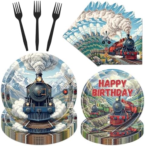 Train Birthday Party Decorations, 96PCS Vintage Train Themed Disposable Paper Plates and Napkins Decorations Sets, Retro Trains Disposable Forks Tableware Supplies Serves 24 by Deorfuy