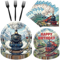 Train Birthday Party Decorations, 96PCS Vintage Train Themed Disposable Paper Plates and Napkins Decorations Sets, Retro Trains Disposable Forks Tableware Supplies Serves 24 by Deorfuy
