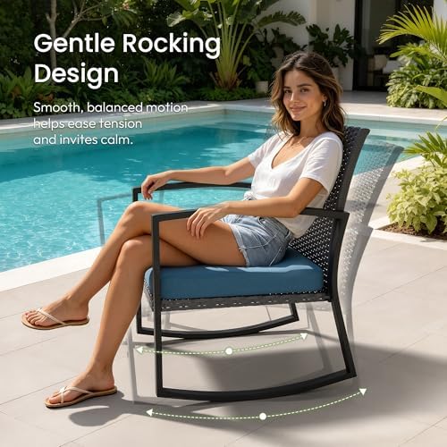 Rocking Patio Bistro Sets - All-Weather - 3 Piece Rattan Conversation Furniture Set, Wicker Outdoor Front Porch Chair for Balcony, Porch, Garden, Backyard, Poolside, Blue - Image 2