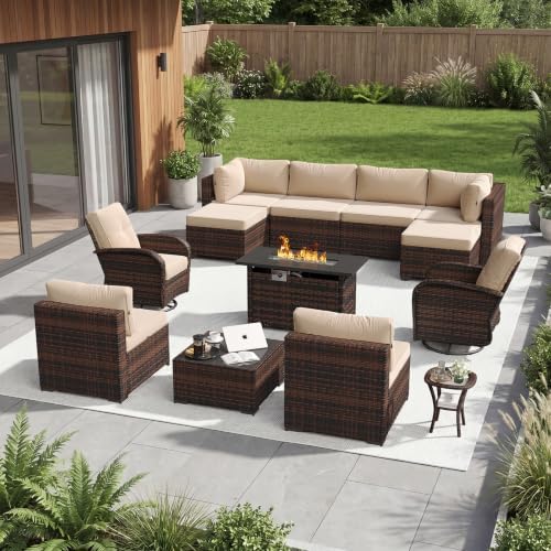 Aoxun 13 Piece Outdoor Patio Furniture Set with 44'' Fire Pit Table, Wicker Rattan Outdoor Furniture with High Back Swivel Rocker Chairs, Outdoor Conversation Set with Thick Cushion & Ottoman, Beige by Aoxun