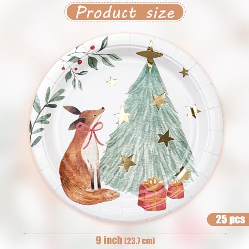 WRAPAHOLIC 25Pcs Christmas Paper Plates - 9 Inch Gold Foil Forest Fox Disposable Plates Decorative Dinner Plates for Christmas Party Tableware Supplies Table Decor - Image 2