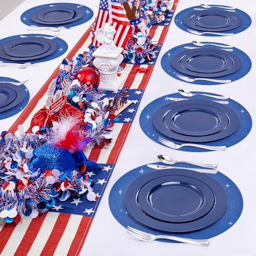 100 PCS Blue Paper Placemats Round Place Mats Glitter Disposable Placemats Party Tablemats for July 4th Birthday Wedding Graduation Sea Shark Christmas Party Dinner Table Decor - Image 5