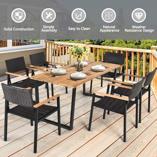 HAPPYGRILL 7 Pieces Wood Rattan Patio Dining Set, Outdoor Dining Furniture Set with Rectangle Table Wicker Chairs, Acacia Wood Tabletop with Umbrella Hole, Dining Set for Garden Backyard - Image 4