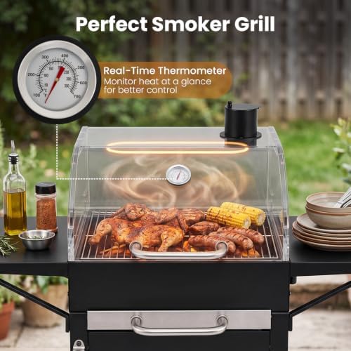 HAPPYGRILL Charcoal Grill with 2 Side Tables,Thermometer & 2 Wheels - Image 4
