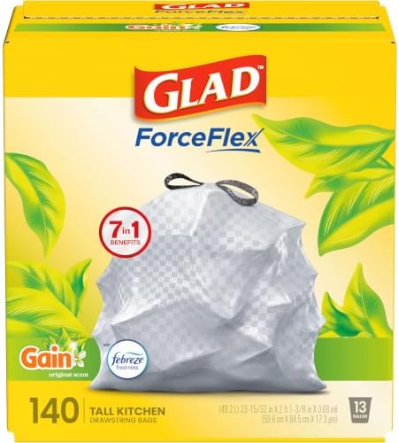 Glad ForceFlex Kitchen Trash Bags, Rip and Tear Resistant, Gain Original Scented Tall Garbage Bags, Odor Control, Febreze Freshness, 13 Gallon, 140 Count by GladTrashFoodStorage