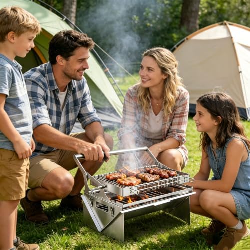 Portable 360° Rotating Charcoal Grill with Flipping Basket - 304 Stainless Steel Barbecue Grill for Camping, Tailgating and Outdoor Cooking, Easy Disassemble, Includes Carry Bag, Charcoal & Wood Fuel - Image 2