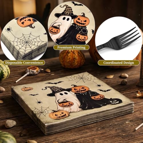 96 Pieces Halloween Tableware Set – Ghost Disposable Plates, Napkins, and Black Forks for Halloween Party, Haunted House, Trick or Treat and Spooky Celebrations – Serves 24 Guests - Image 3