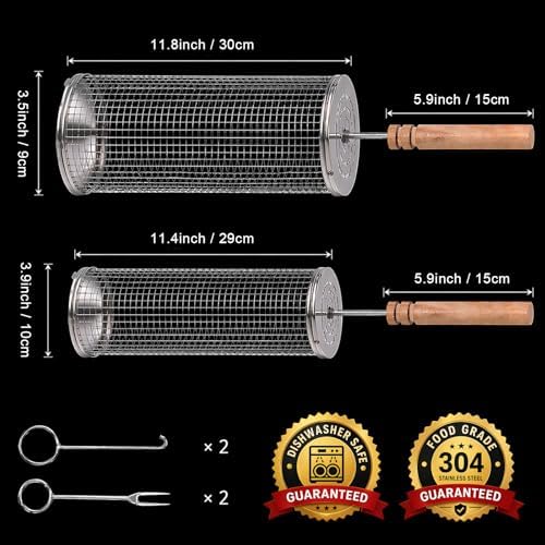 Rolling Grill Basket Set of 2, XL 304 Stainless Steel Grill Baskets for Outdoor Grill, Large BBQ Basket with Removable Wooden Handle for Vegetables, Fish, Wings, Shrimp and Camping - Image 3